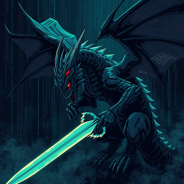 dragon, sword, code, computer screen, dark moody tones, editorial illustration