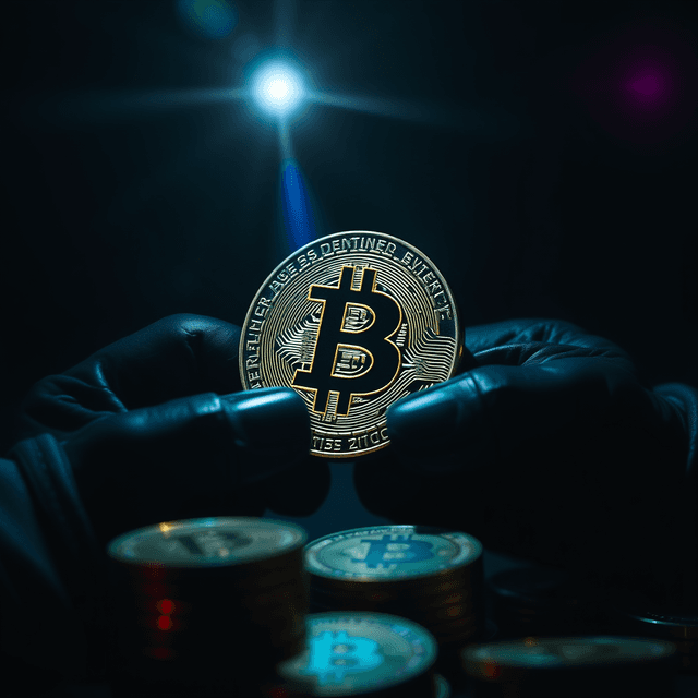 cryptocurrency exchange, stolen money, dark background, cool steel blues, lens flare accents
