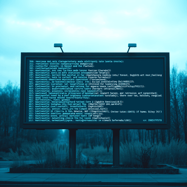 code snippet, advertisement, billboard, cool blue and teal tones, curious and analytical feel
