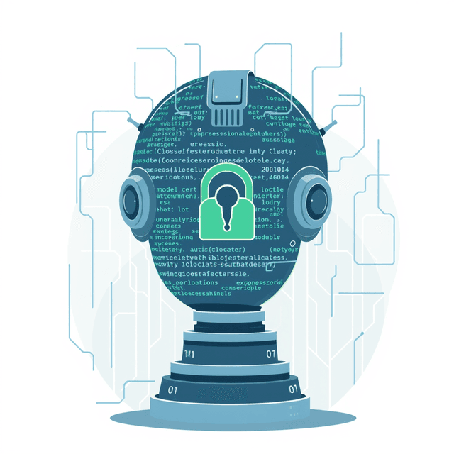 AI model, data privacy, code, clean journalistic illustration, curious and analytical feel