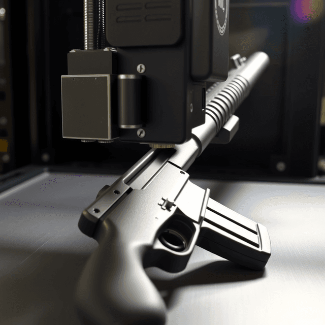 3D printer, firearm part, software scan, metallic, lens flare