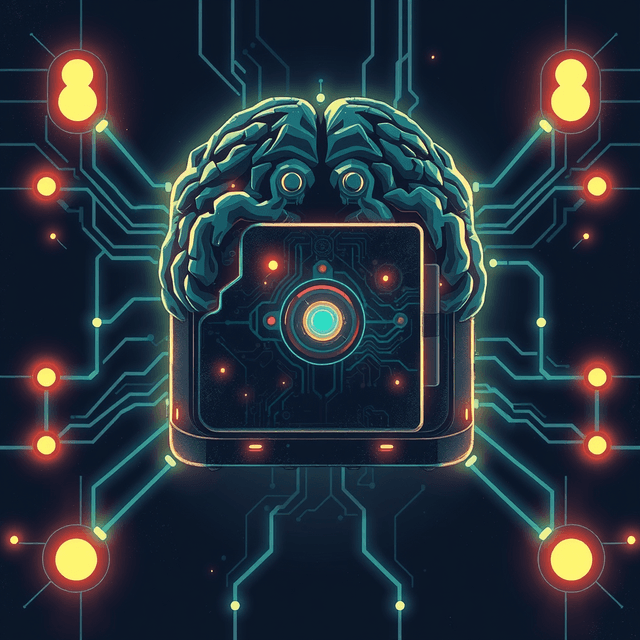 AI brain, lockbox, glowing circuits, dark moody tones, editorial illustration
