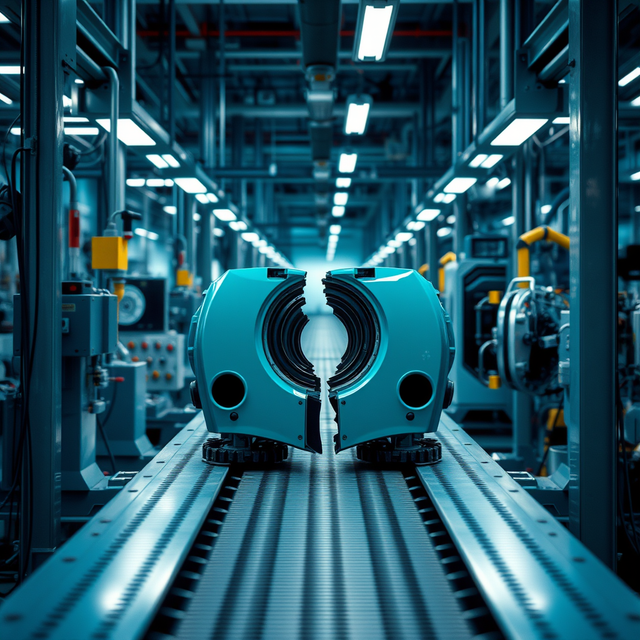 factory line, broken part, quality control, curious and analytical feel, cool blue and teal tones