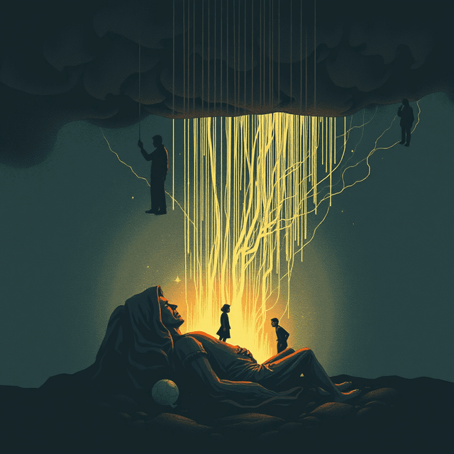 swallowing, growth, digital credits, merger, dark moody tones, editorial illustration