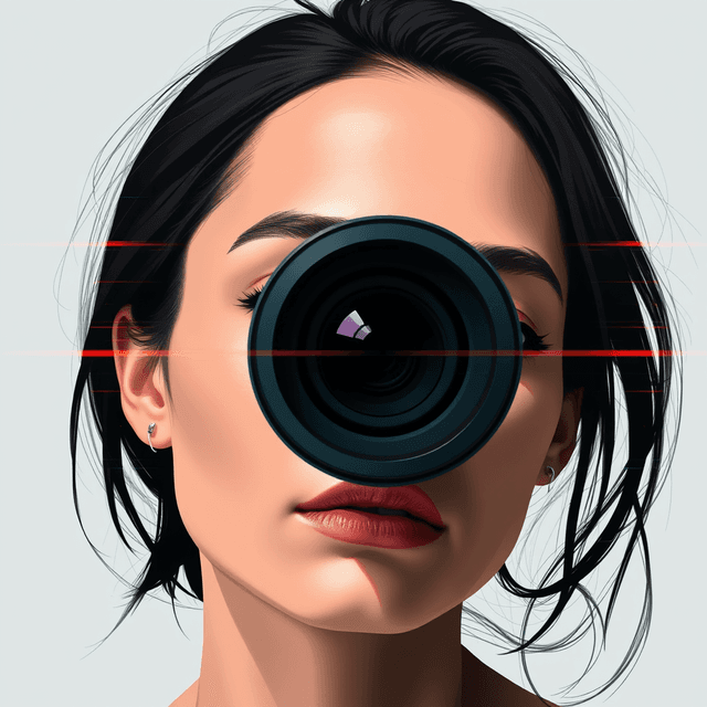 woman, portrait, pixel, camera lens, Clean editorial illustration with digital decay, smooth gradients interrupted by the