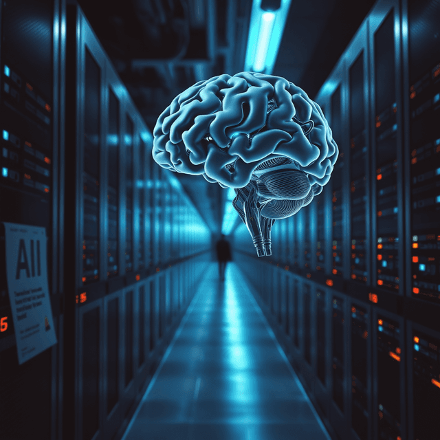 tax document, AI brain, server farm, sharp tech-noir photography style, cool steel blues