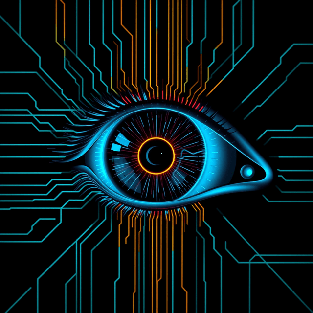 eye, brain, code, scan lines, neon cyan