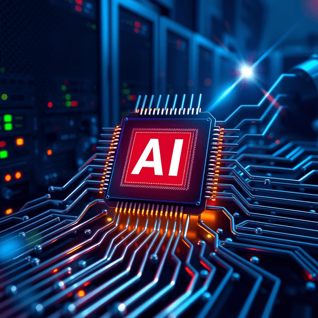 AI chip, server farm, patriotic symbol, cool steel blues, lens flare accents