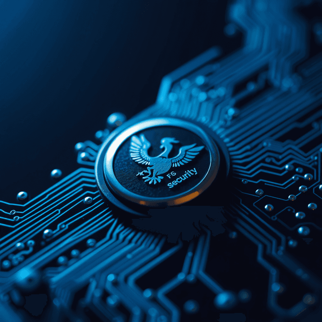 circuit board, national security symbol, dark background, sharp tech-noir photography style, cool steel blues